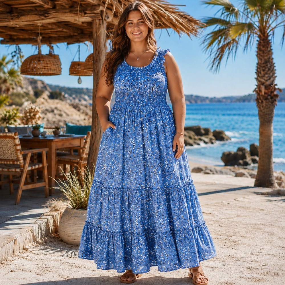 Lucky Brand Floral‎ Maxi Dress Womens XXL Blue Smocked Tiered Sleeveless NWT